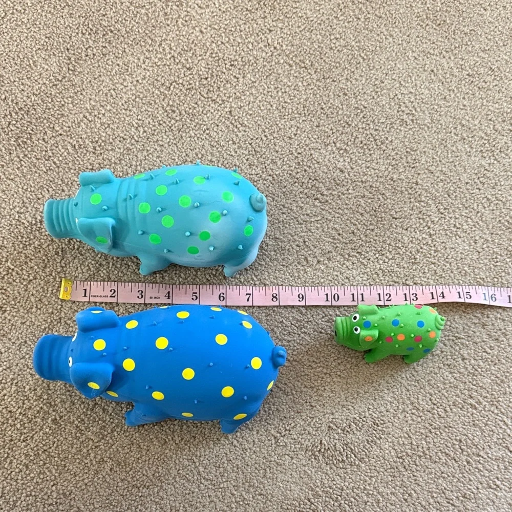 Set of 3 Colorful Rubber Pig Dog Toys - Blue, Teal, Green Pig Squeaky Dog Toy